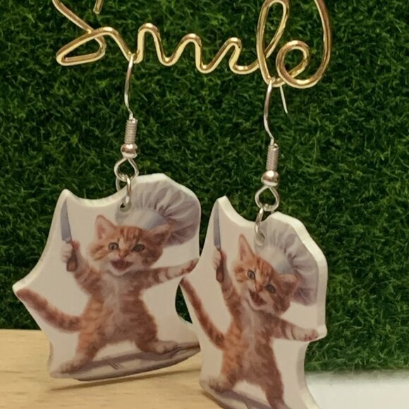 Cat Earring, Chef Earring, Knife Earring, Orange Cat Earring, Halloween Earring - Picture 3 of 9